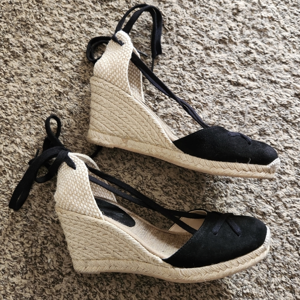 Free People Black Espadrille Wedge Sandals with Natural Rope Heel